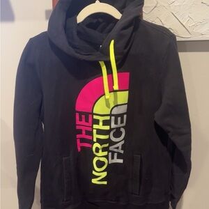The North Face Black Hoodie with Pink and Yellow Accents